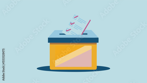 a ballot box with a form being inserted on a light blue background illustration