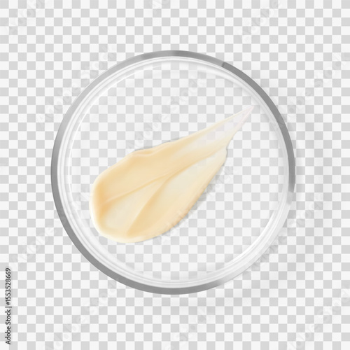 Glass Petri dish with retinol serum moisturizer cream stroke isolated realistic vector illustration. Concept laboratory cosmetics tests and research