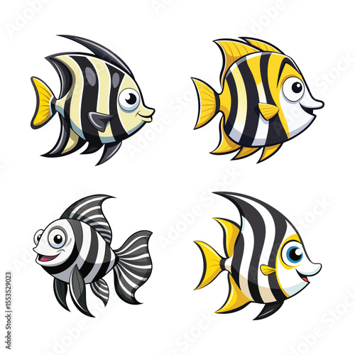 Striped fish with black and yellow accents and happy expression vector illustration isolated on white background