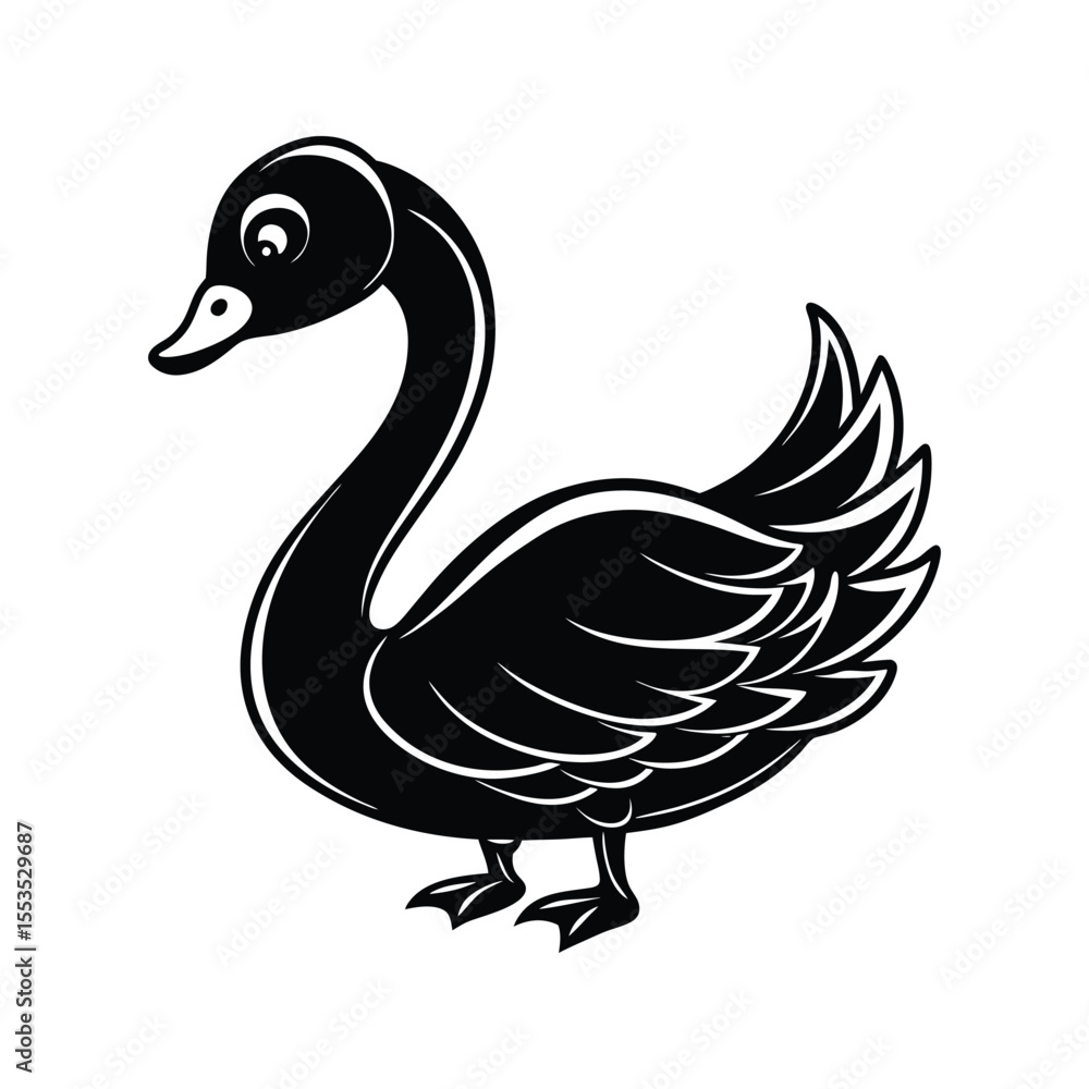 Obraz premium Stylish cartoon swan with elegant wings silhouette isolated on white background