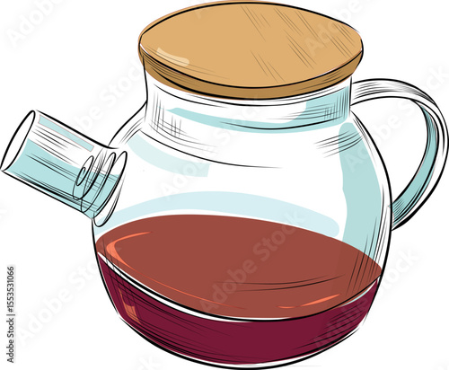 Transparent glass teapot with tea inside illustration