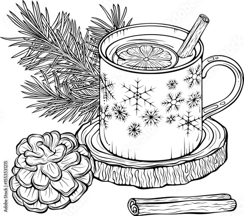 Ginger tea in a snowflake mug with fir branch, pine cone, and wood coaster. Cozy holiday still life illustration.