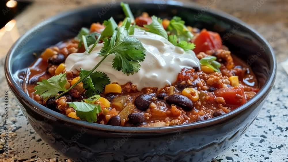Steaming bowl of chili con carne topped with sour cream and cilantro, a colorful tex mex dish with meat, beans, and corn, perfect for lunch or dinner Steaming bowl of chili con carne topped with sour cream and cilantro, a colorful tex mex dish with meat, beans, and corn, perfect for lunch or dinner