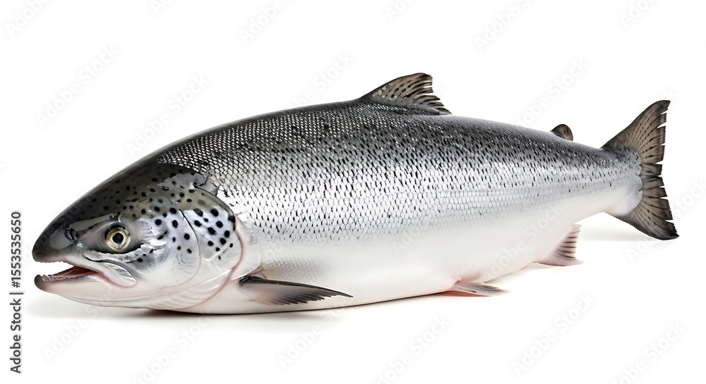 Naklejka premium Silver Atlantic Salmon Fish Detailed Closeup Studio Shot White Background Seafood Food Product Photography