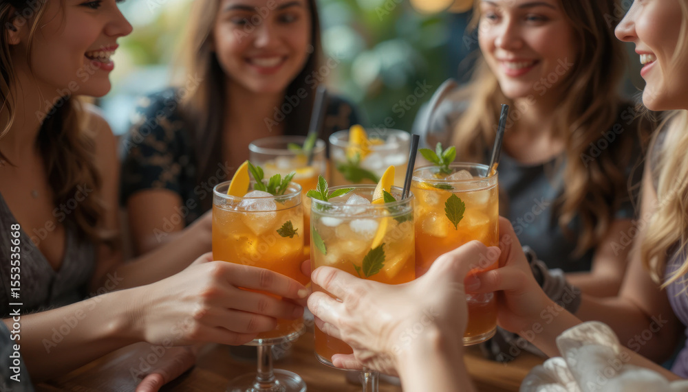 Group of smiling women toasting with refreshing cocktails, enjoying a social gathering. Group of smiling women toasting with refreshing cocktails, enjoying a social gathering.