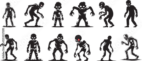 Twelve Black Silhouette Zombie Characters Various Poses Halloween