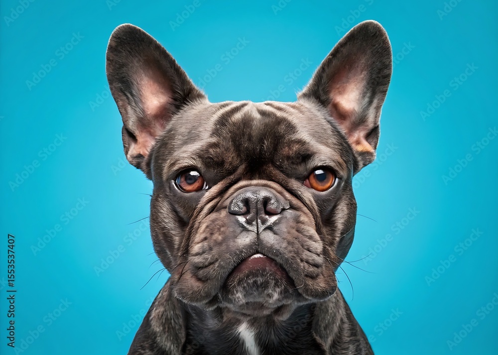 Funny animal pet photography - Close up head portrait of angry french bulldog dog, isolated on blue background Funny animal pet photography - Close up head portrait of angry french bulldog dog, isolated on blue background
