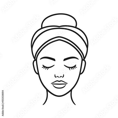Icon of female face with towel on head in minimalist style with copy space