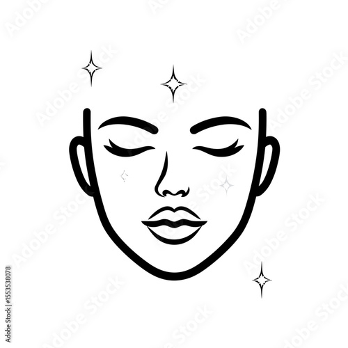 Icon of female face with glowing skin in minimalist style with copy space