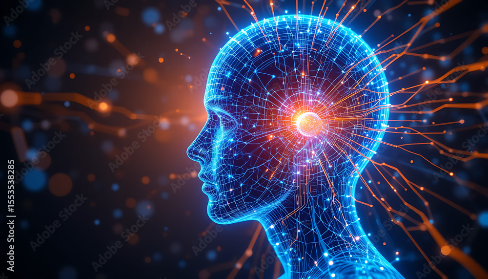 Abstract glowing blue digital human head with neural network connections and bright orange energy pulses Abstract glowing blue digital human head with neural network connections and bright orange energy pulses