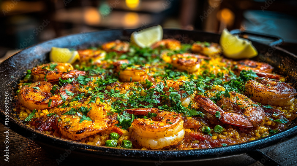 Delicious shrimp paella served in a traditional pan with fresh herbs and lemon slices