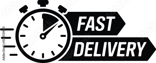 Fast Delivery Icon Depicting a Stopwatch and the Words Fast and Delivery in Arrow Shaped Boxes Vector Illustration