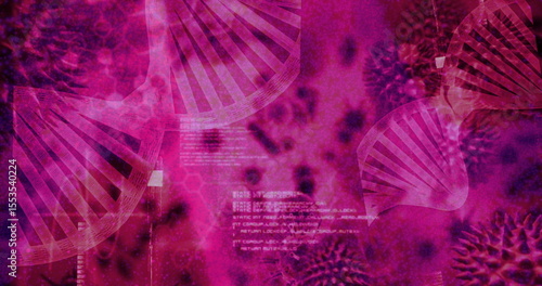Photos Floating three pink DNA helices over lab interface, with viral motifs and code t