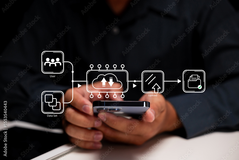 Person using a smartphone with digital icons illustrating cloud upload, data set, user, and printing processes. Person using a smartphone with digital icons illustrating cloud upload, data set, user, and printing processes.
