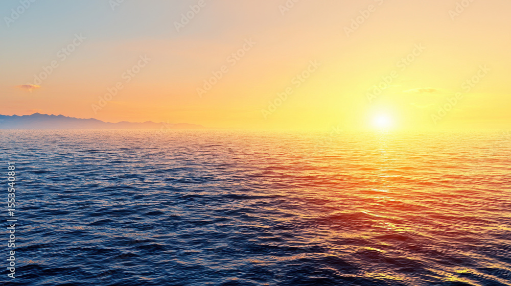 Fototapeta premium Golden sunset over calm sea creates serene atmosphere, reflecting warm colors on water surface