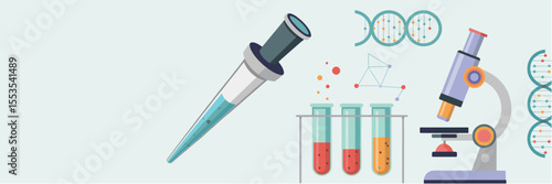 Biological lab tools with DNA in modern vector science background with copy space, chemistry banner