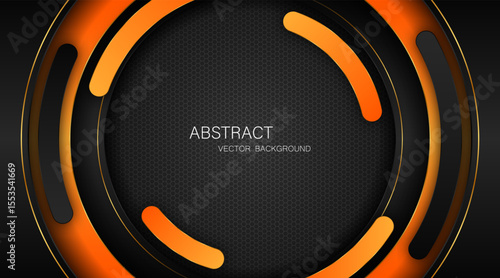 Abstract black and orange curves with golden lines on dark steel mesh background. with free space for design. modern technology innovation concept background	