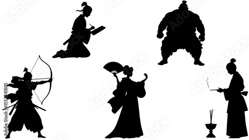 Stylish Silhouette Vector Set of Eastern Asia Cultures - Archer, Sumo Wrestler, Geisha and Scholar