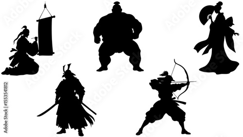 Stylish Silhouette Vector Set of Eastern Asia Cultures - Samurai, Archer, Geisha and Sumo Wrestler