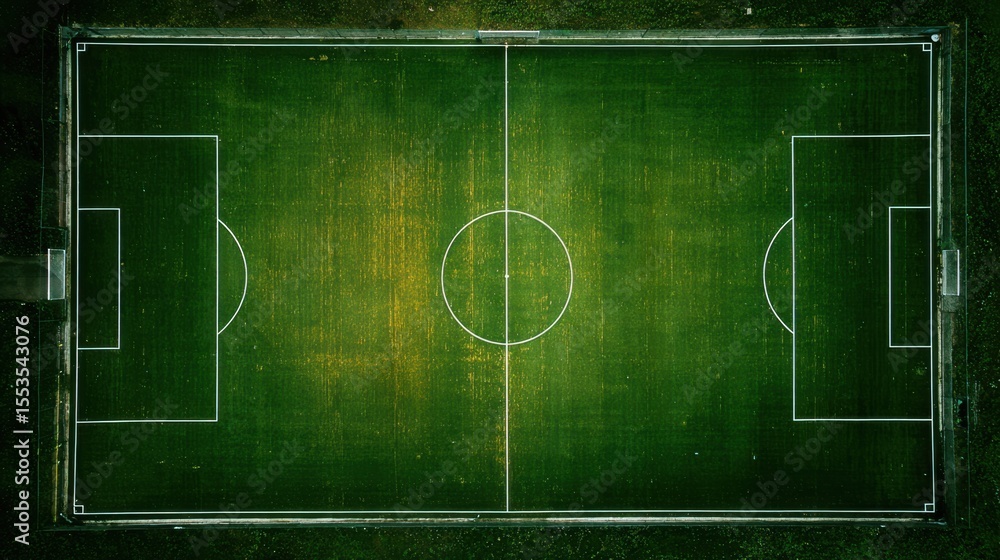 Flat lay drone shot of an empty football pitch, its green surface perfectly divided by crisp white lines Flat lay drone shot of an empty football pitch, its green surface perfectly divided by crisp white lines