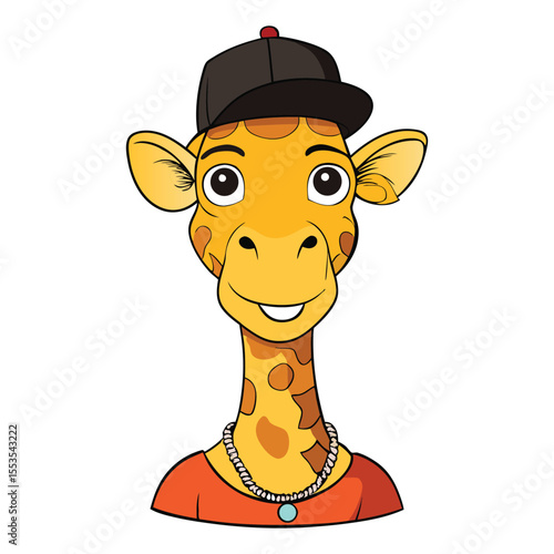 Cool giraffe portrait wearing a hip-hop hat, exuding urban style and swagger with a laid-back vibe—perfect mix of wild charm and street fashion attitude.
