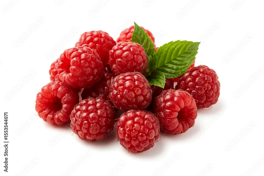 A close-up studio shot showcases a cluster of juicy red raspberries A few fresh green mint leaves are nestled amongst the berries creating a visually appealing and refreshing composition A close-up studio shot showcases a cluster of juicy red raspberries A few fresh green mint leaves are nestled amongst the berries creating a visually appealing and refreshing composition