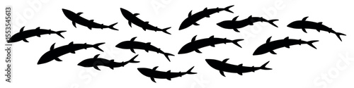 Group of sharks swimming in a curved motion underwater. Symbolic vector illustration of ocean predators, marine wildlife