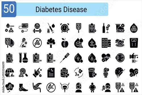Icon set about diabetes and prohibitions for sufferers, solid color, solid black silhouette, health problems, cholesterol, autoimmune, blood donation