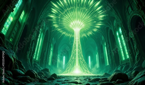 Bioluminescent Cathedral Interior: Organic Networks, Emerald Light, Serene Otherworldly Atmosphere