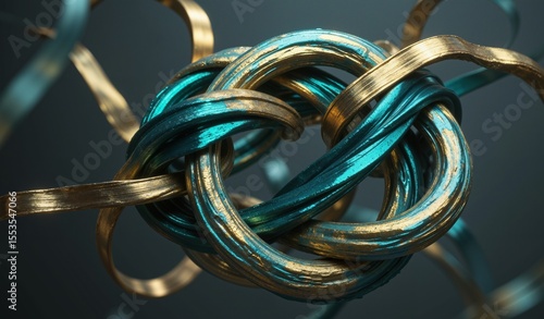 Teal And Gold Ribbons Intertwined, Elegant Knot Optical Illusion, Serene Disorientation