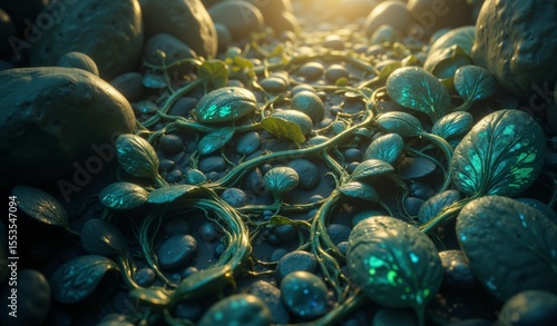 Luminous Jade And Sapphire Foliage Intertwined, Organic Network, Ethereal Contemplative Mood