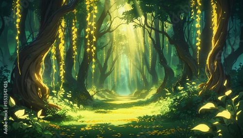 Enchanted anime woodland with vines, golden leaves, and dreamy sunlight rays. Ideal for game concept art, posters, or nature-themed designs.