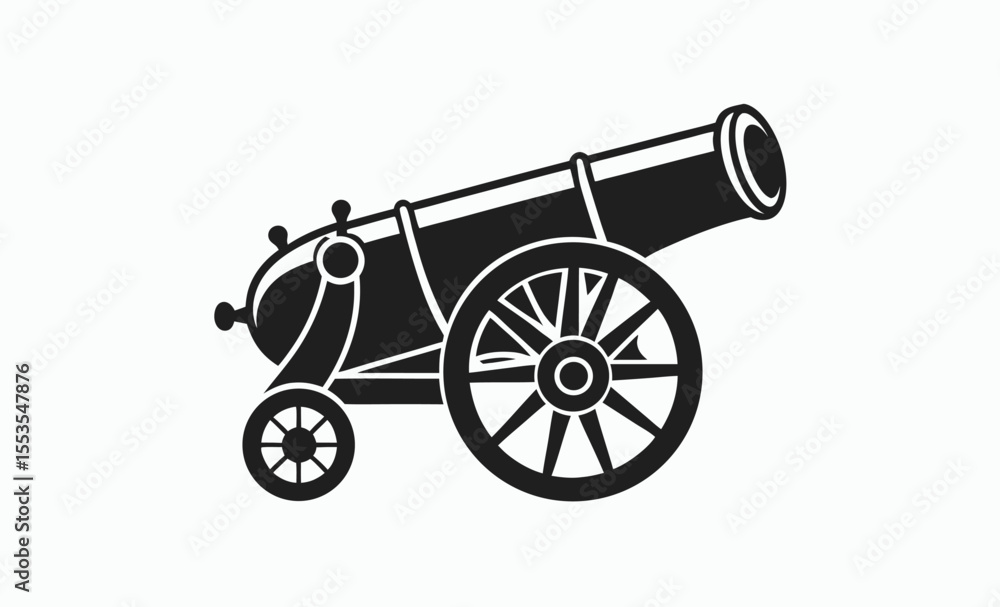 Fototapeta premium vintage cannon icon, antique weapon silhouette, old war machine, black cannon symbol