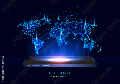 Smartphone with Holographic World Map Projection – Glowing Digital Global Network, Technology Connection Background, Vector