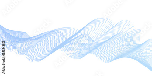 Dynamic minimal smoke blue flow sound line. Abstract glowing white blend line smooth flow soundwave curve energy gradient vector futuristic digital outline line science design.	