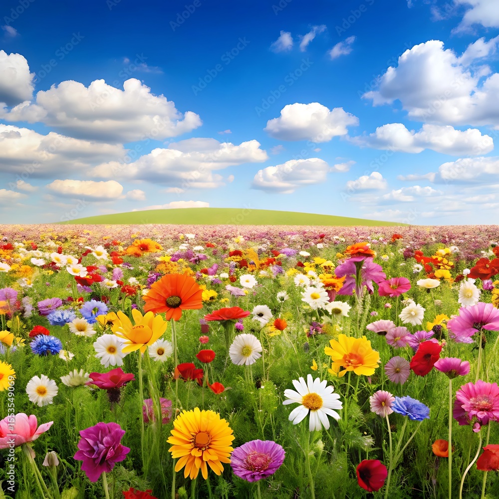 Spring background banner long - Panorama of blooming flowers on spring summer meadow field, isolated on white background Spring background banner long - Panorama of blooming flowers on spring summer meadow field, isolated on white background