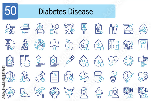 Icon set diabetes health checks and medical related for sufferers for diagnosis, medical treatment, cholesterol, autoimmune, blood tests