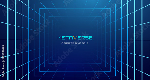 Futuristic 3d grid floor with neon wireframe perspective and digital space background. Cyber game room with retro 80s vector technology. Blue black virtual horizon with ai mesh network portal.