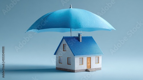 Renters home insurance or mortgage protection concept with a 3D house model under a blue umbrella.