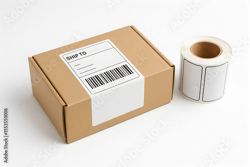 Shipping Box with Barcode Label and Roll of Blank Stickers on White Background