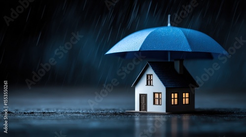 Renters home insurance or mortgage protection concept with a 3D house model under a blue umbrella.