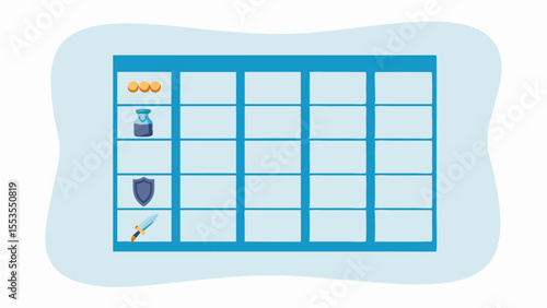 Inventory grid with coins potion shield and sword in a light blue color scheme on a white background