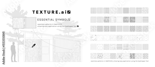 Vector pattern texture CAD house set for landscape architecture, including surfaces such as tiles, pavement, concrete, asphalt, grass, water, gravel, soil, forest, and stone.