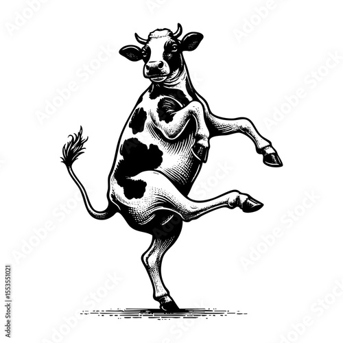Dairy cow dancing sketch engraving black and white outline. Scratch board imitation.  illustrated in vintage line art style on a white background.