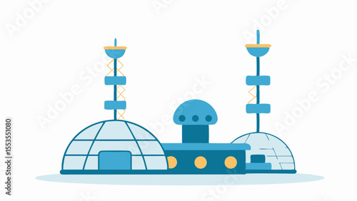 a futuristic structure with domes and towers in blue and yellow on a white background