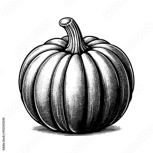 Pumpkin engraving black and white outline. Scratch board imitation.  illustrated in vintage line art style on a white background.