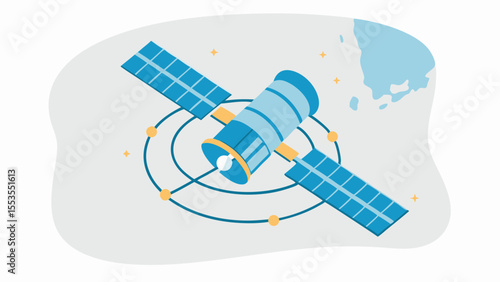 a blue satellite with solar panels orbiting earth in a light gray background scene