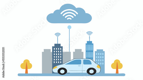 a connected car driving through a city with wifi cloud and trees nearby design