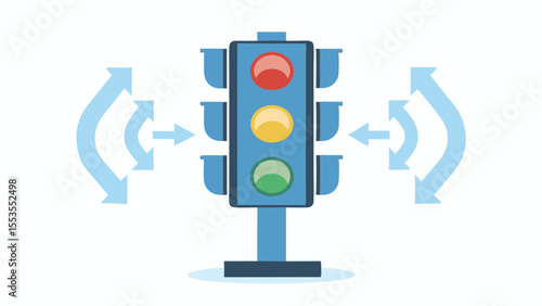 a blue traffic light with red yellow and green lights and blue arrows around it