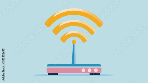 a wireless router with antenna emitting wifi signal on a light blue background